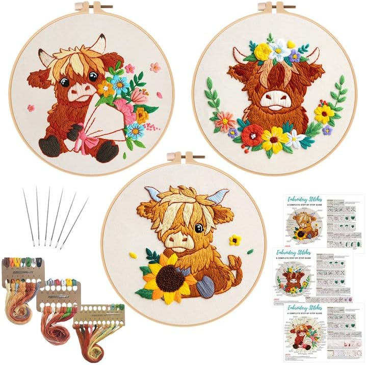 Nuberlic Highland Cow Embroidery Kit 3 Pack Embroidery Kits for Adults Beginners Starter Cross Stitch Kit Set with Floral Designs - Perfect DIY Gift - Image 1